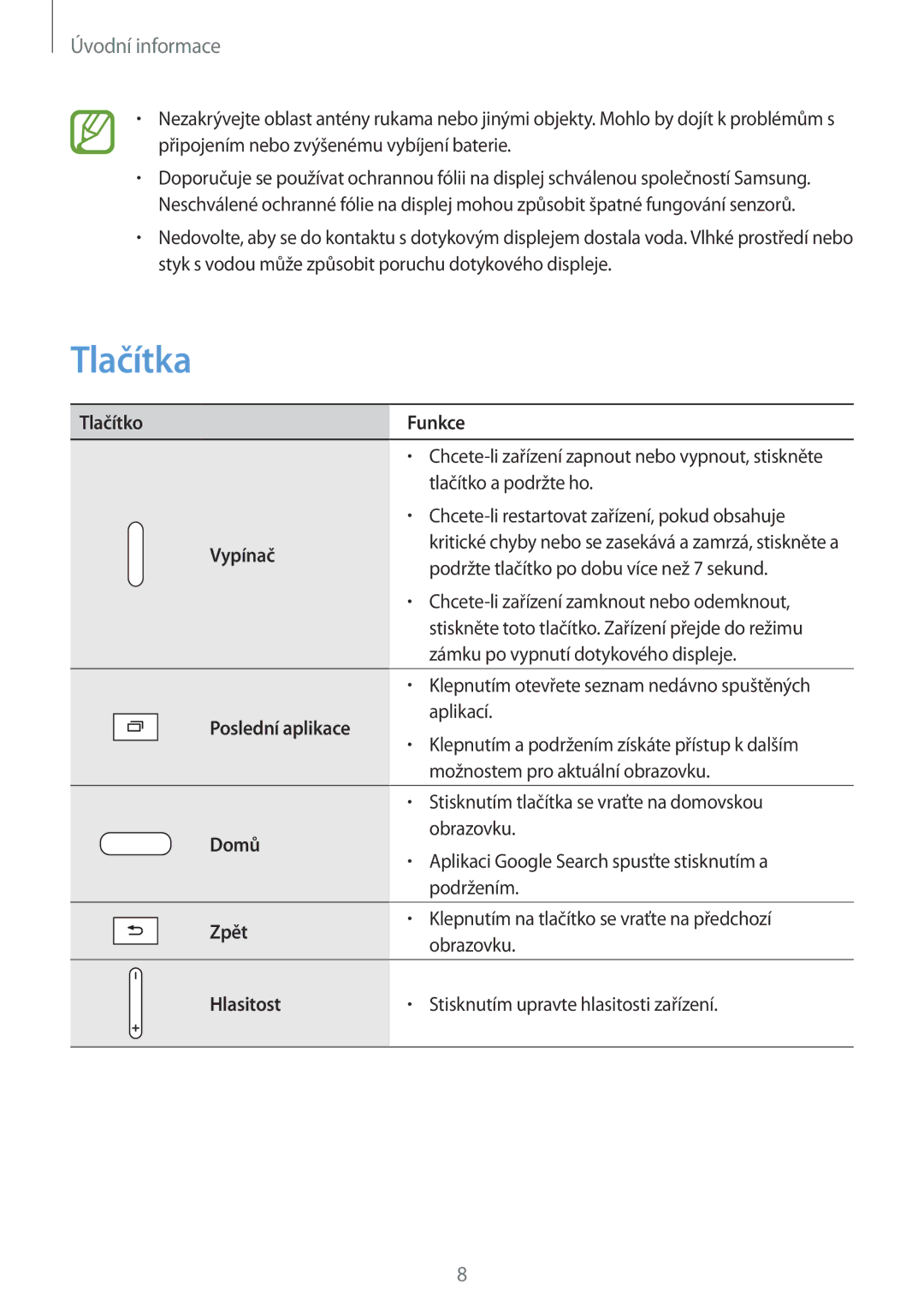 Samsung SM2T533NZWAXEH, SM-T533NZWAAUT, SM-T533NYKAAUT, SM-T533NZWAXEH, SM2T533NYKAXEZ manual Tlačítka, Úvodní informace 