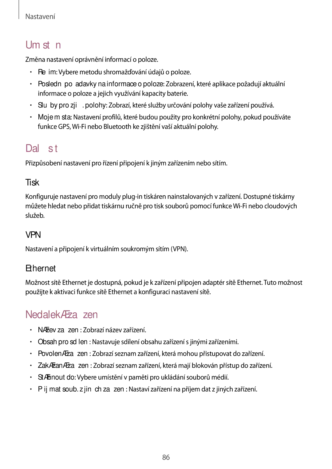 Samsung SM-T533NZWAXSK, SM-T533NZWAAUT, SM-T533NYKAAUT manual Umístění, Další sítě, Nedaleká zařízení, Tisk, Ethernet 