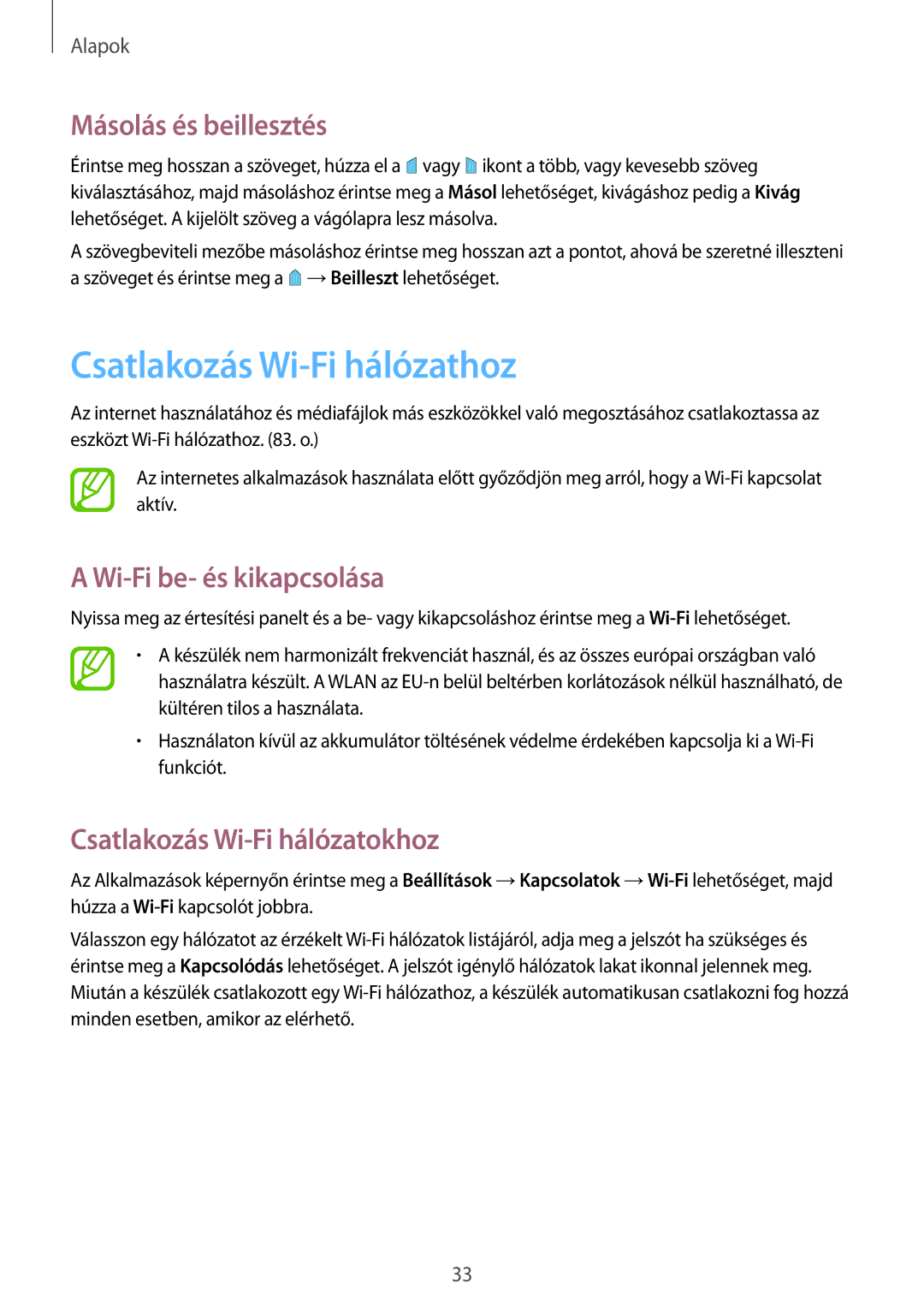 Samsung SM2T533NYKAXEZ, SM-T533NZWAAUT Csatlakozás Wi-Fi hálózathoz, Másolás és beillesztés, Wi-Fi be- és kikapcsolása 