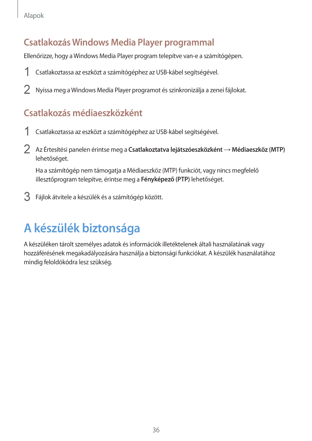 Samsung SM-T533NZWAATO manual Készülék biztonsága, Csatlakozás Windows Media Player programmal, Csatlakozás médiaeszközként 