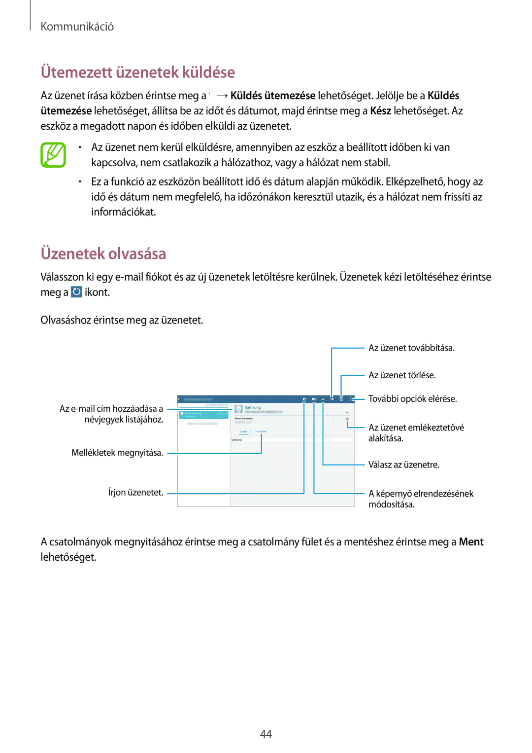 Samsung SM-T533NYKAXEH, SM-T533NZWAAUT, SM-T533NYKAAUT, SM-T533NZWAXEH manual Ütemezett üzenetek küldése, Üzenetek olvasása 