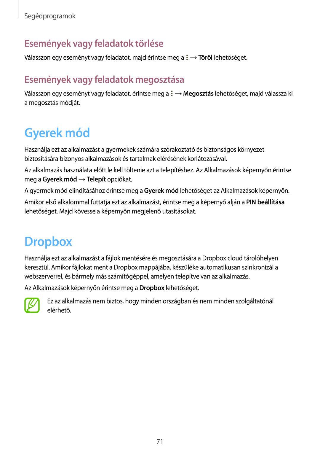 Samsung SM-T533NZWAXSK manual Gyerek mód, Dropbox, Események vagy feladatok törlése, Események vagy feladatok megosztása 