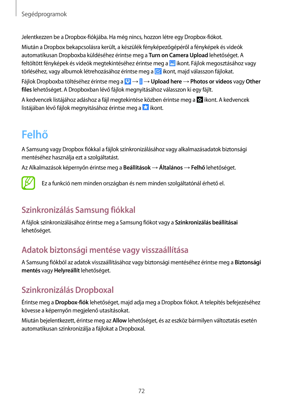 Samsung SM-T533NZWAXEO manual Felhő, Szinkronizálás Samsung fiókkal, Adatok biztonsági mentése vagy visszaállítása 