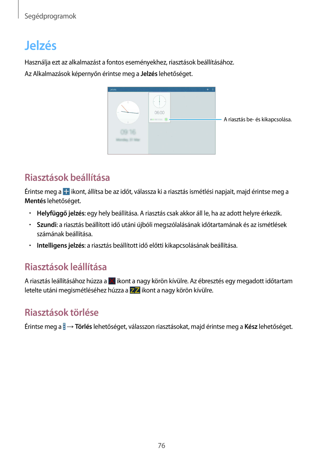 Samsung SM-T533NYKAAUT, SM-T533NZWAAUT manual Jelzés, Riasztások beállítása, Riasztások leállítása, Riasztások törlése 