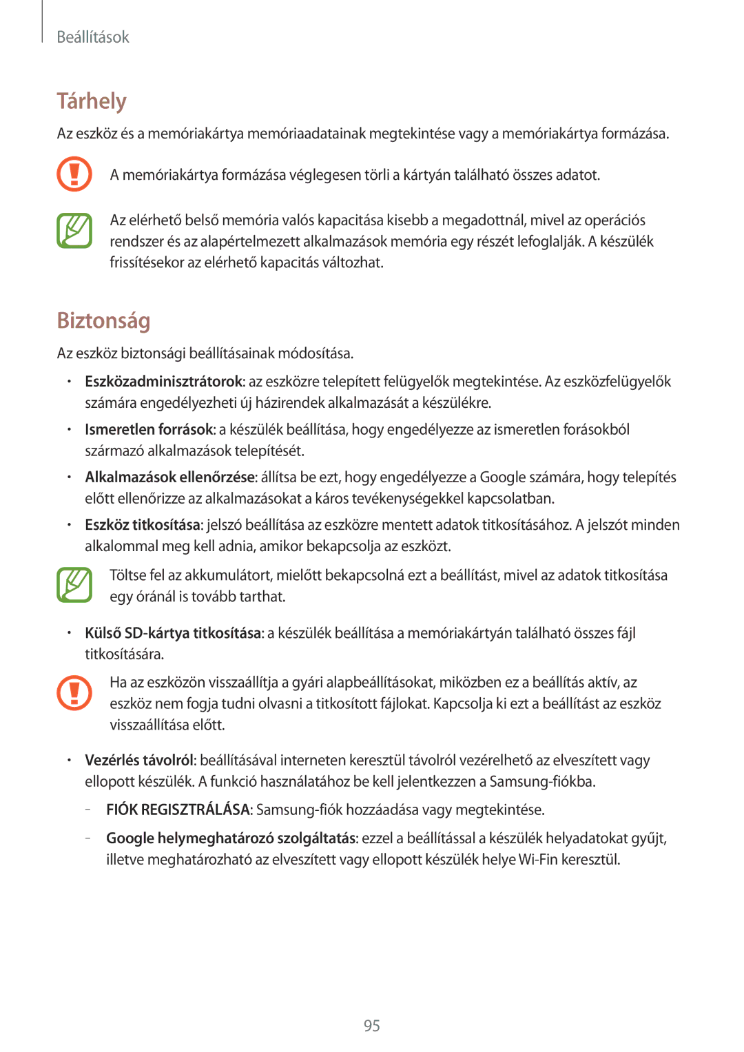 Samsung SM-T533NZWAXEZ, SM-T533NZWAAUT, SM-T533NYKAAUT, SM-T533NZWAXEH, SM2T533NYKAXEZ, SM-T533NYKAXEZ manual Tárhely, Biztonság 