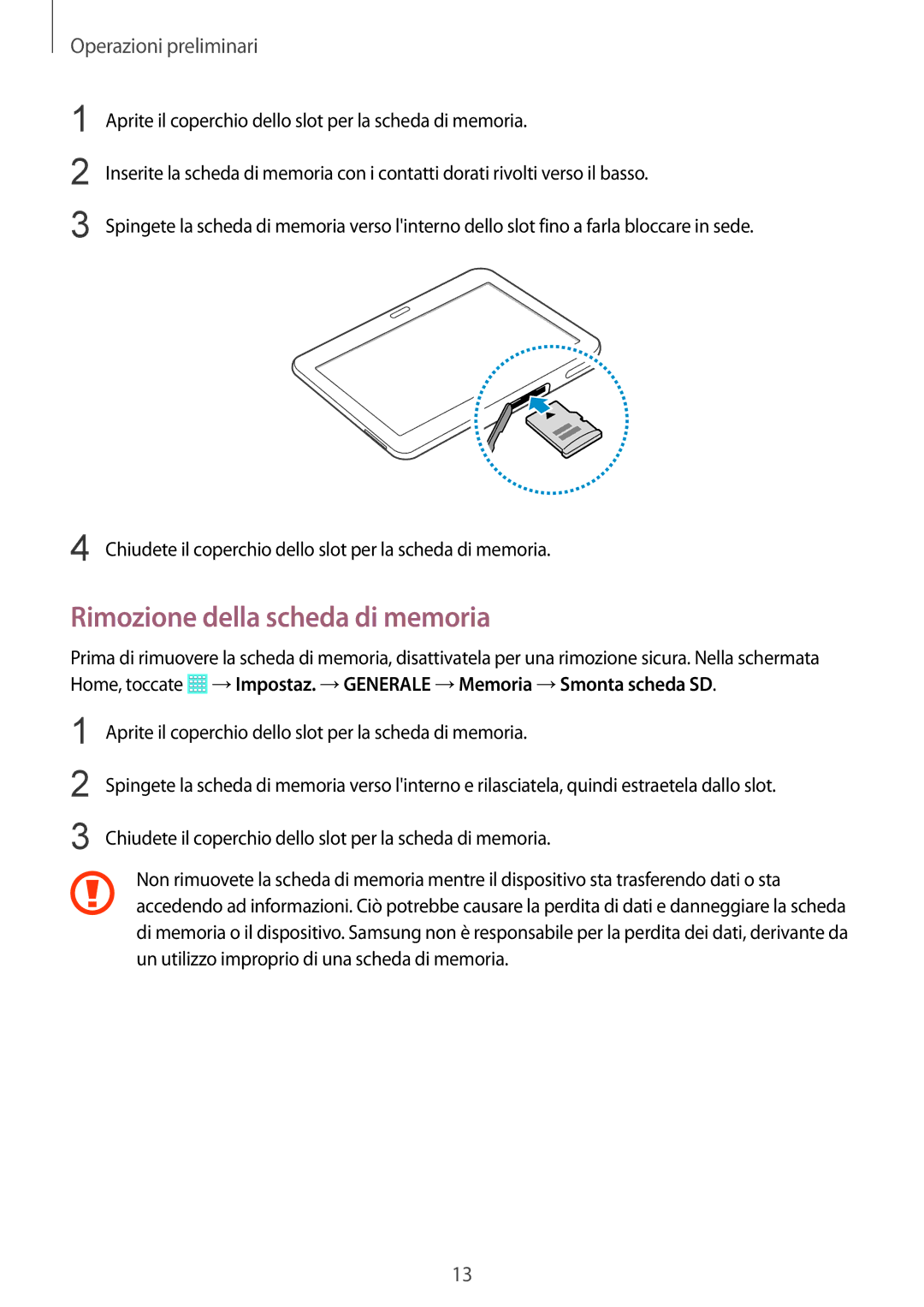 Samsung SM-T533NZWAITV, SM-T533NZWAAUT, SM-T533NYKAAUT, SM-T533NYKAITV manual Rimozione della scheda di memoria 