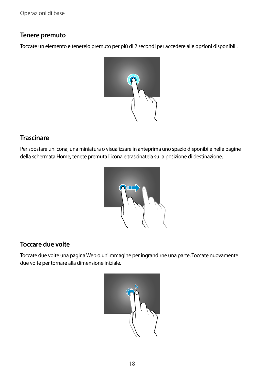 Samsung SM-T533NYKAAUT, SM-T533NZWAAUT, SM-T533NZWAITV, SM-T533NYKAITV manual Tenere premuto, Trascinare, Toccare due volte 