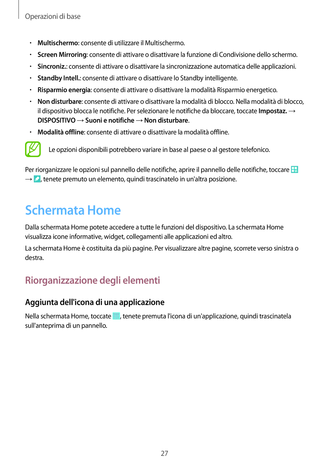 Samsung SM-T533NYKAITV manual Schermata Home, Riorganizzazione degli elementi, Aggiunta dellicona di una applicazione 