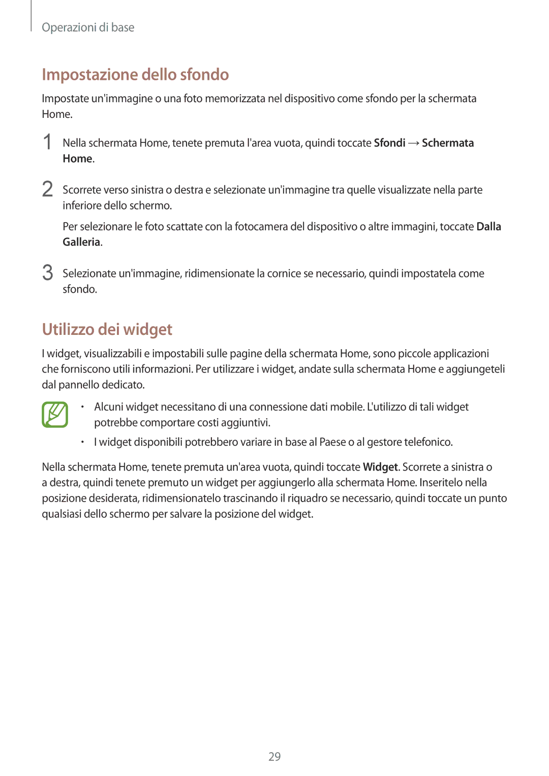 Samsung SM-T533NZWAITV, SM-T533NZWAAUT, SM-T533NYKAAUT, SM-T533NYKAITV manual Impostazione dello sfondo, Utilizzo dei widget 