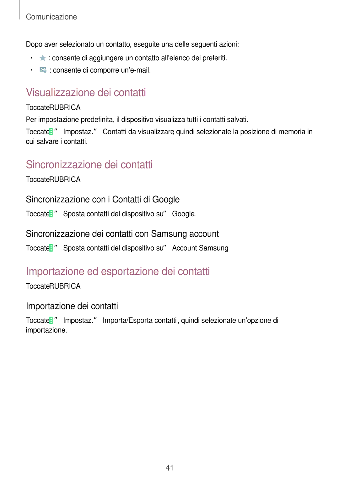 Samsung SM-T533NZWAITV, SM-T533NZWAAUT, SM-T533NYKAAUT manual Visualizzazione dei contatti, Sincronizzazione dei contatti 