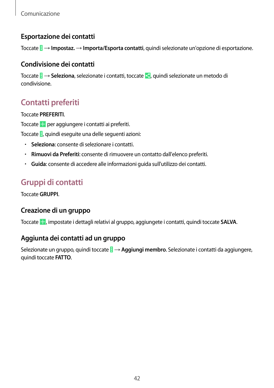 Samsung SM-T533NYKAAUT, SM-T533NZWAAUT, SM-T533NZWAITV, SM-T533NYKAITV manual Contatti preferiti, Gruppi di contatti 