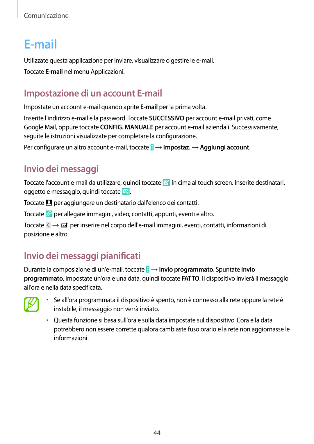 Samsung SM-T533NZWAAUT, SM-T533NZWAITV manual Mail, Impostazione di un account E-mail, Invio dei messaggi pianificati 