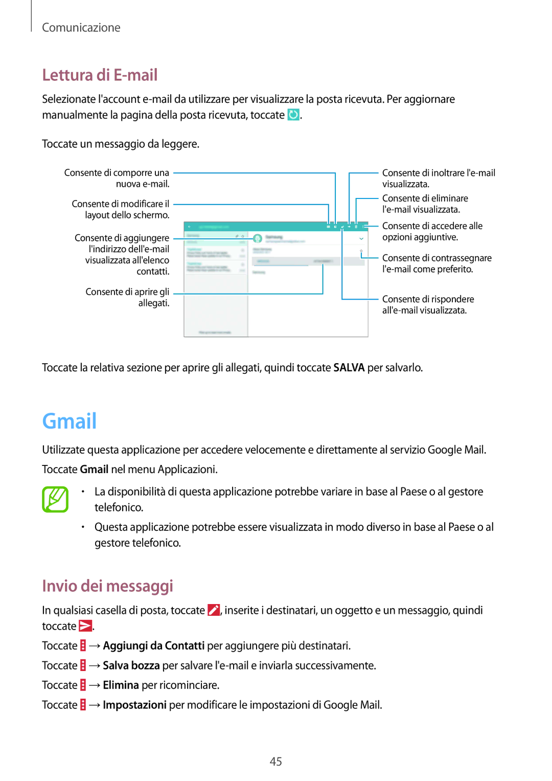 Samsung SM-T533NZWAITV, SM-T533NZWAAUT, SM-T533NYKAAUT, SM-T533NYKAITV manual Gmail, Lettura di E-mail 
