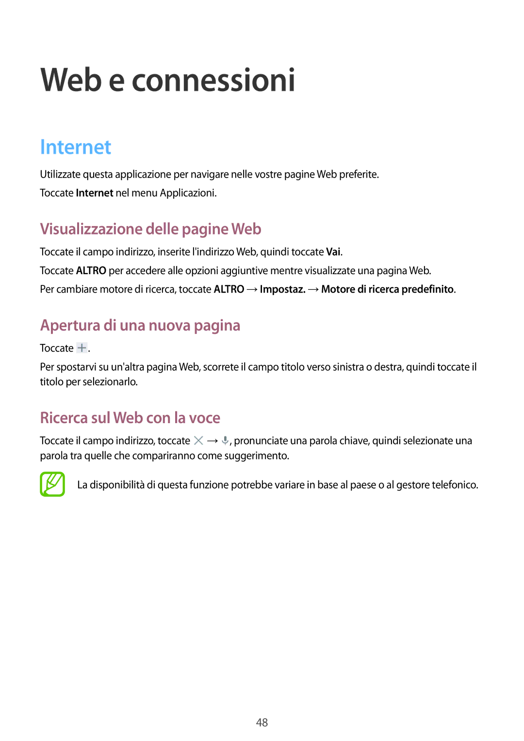 Samsung SM-T533NZWAAUT manual Web e connessioni, Internet, Visualizzazione delle pagine Web, Apertura di una nuova pagina 