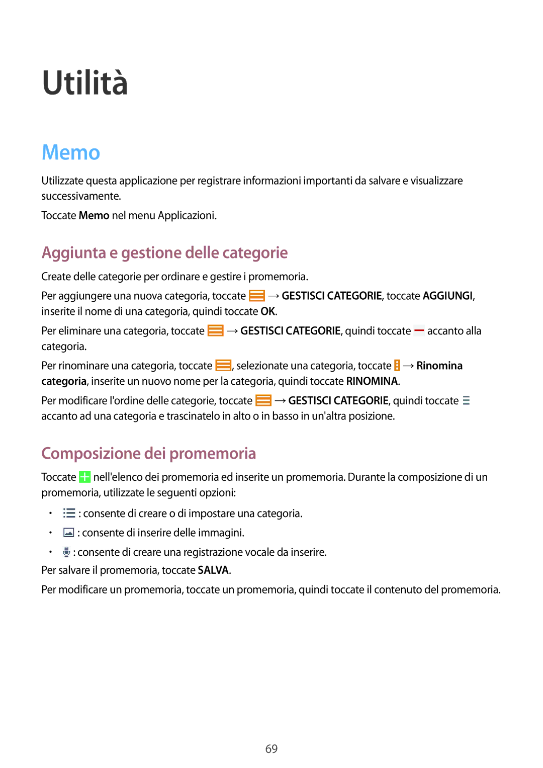 Samsung SM-T533NZWAITV, SM-T533NZWAAUT Utilità, Memo, Aggiunta e gestione delle categorie, Composizione dei promemoria 