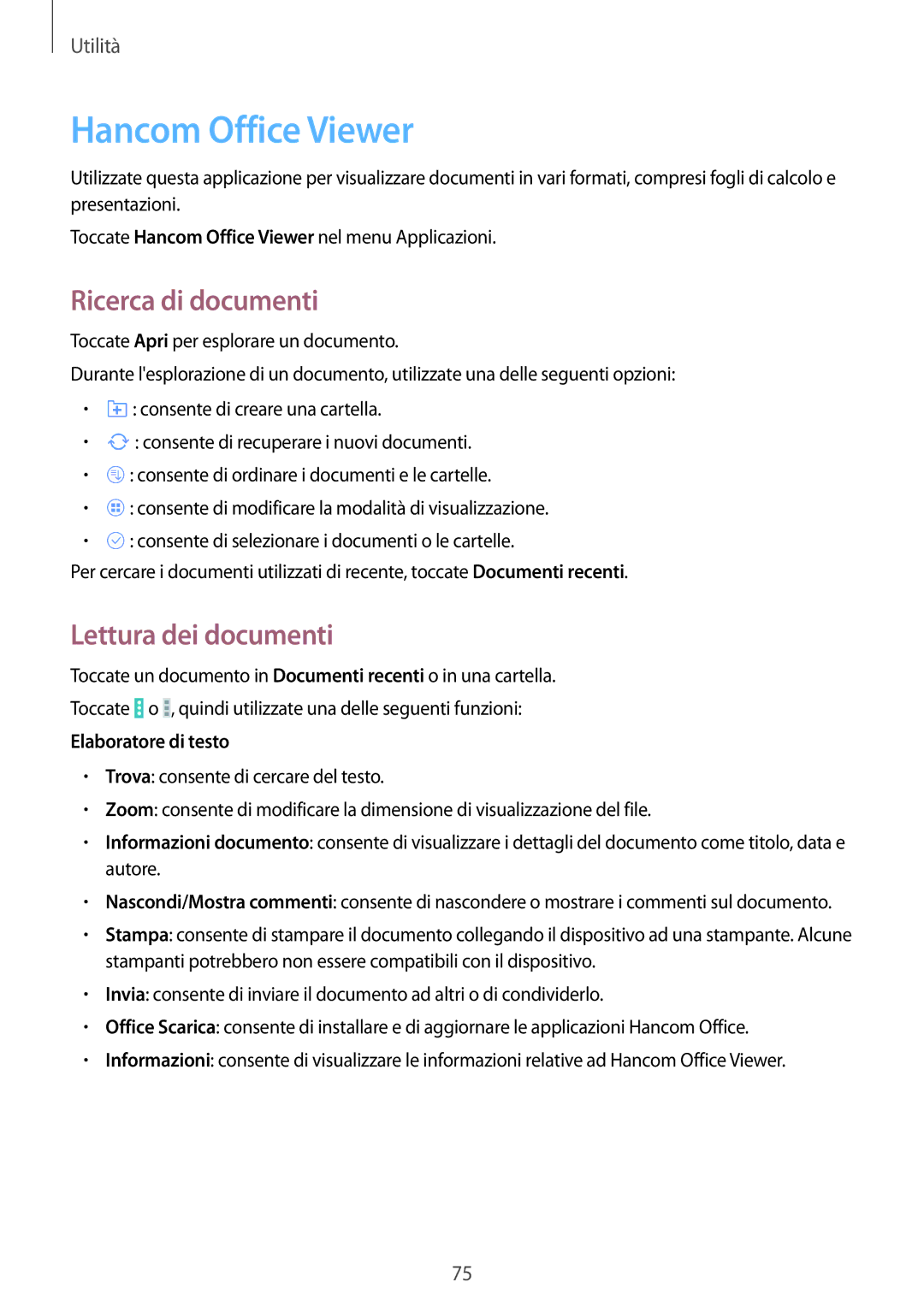 Samsung SM-T533NYKAITV, SM-T533NZWAAUT, SM-T533NZWAITV Hancom Office Viewer, Ricerca di documenti, Lettura dei documenti 
