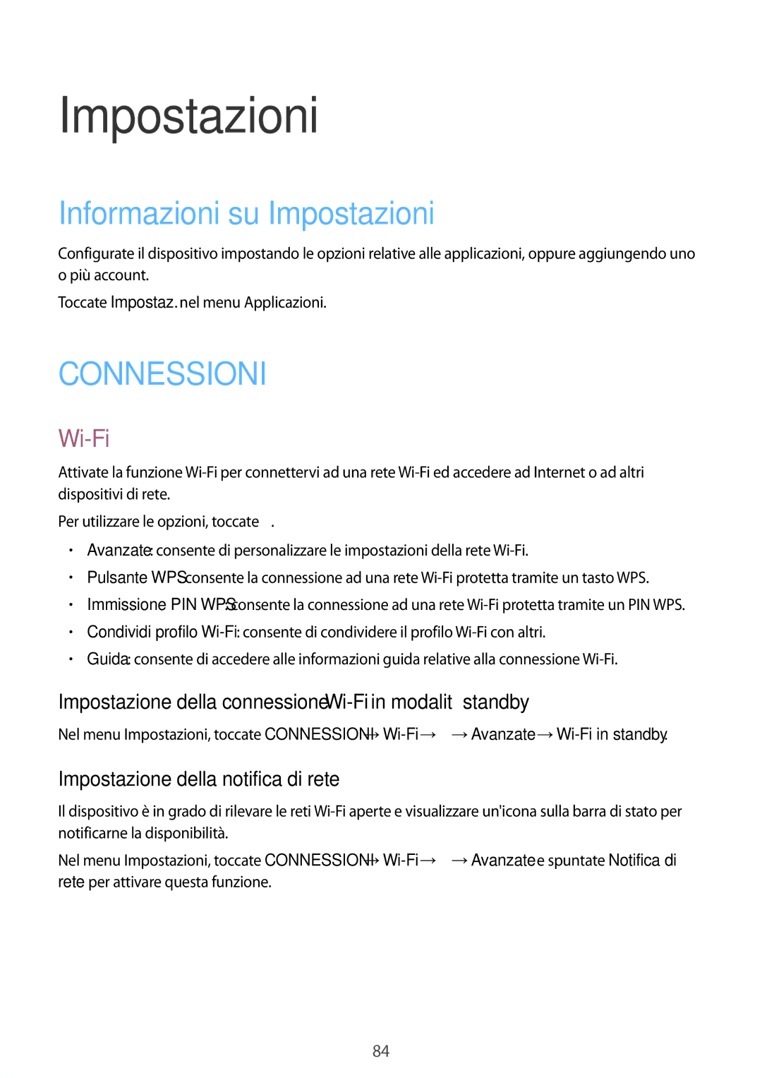 Samsung SM-T533NZWAAUT Informazioni su Impostazioni, Impostazione della connessione Wi-Fi in modalità standby 