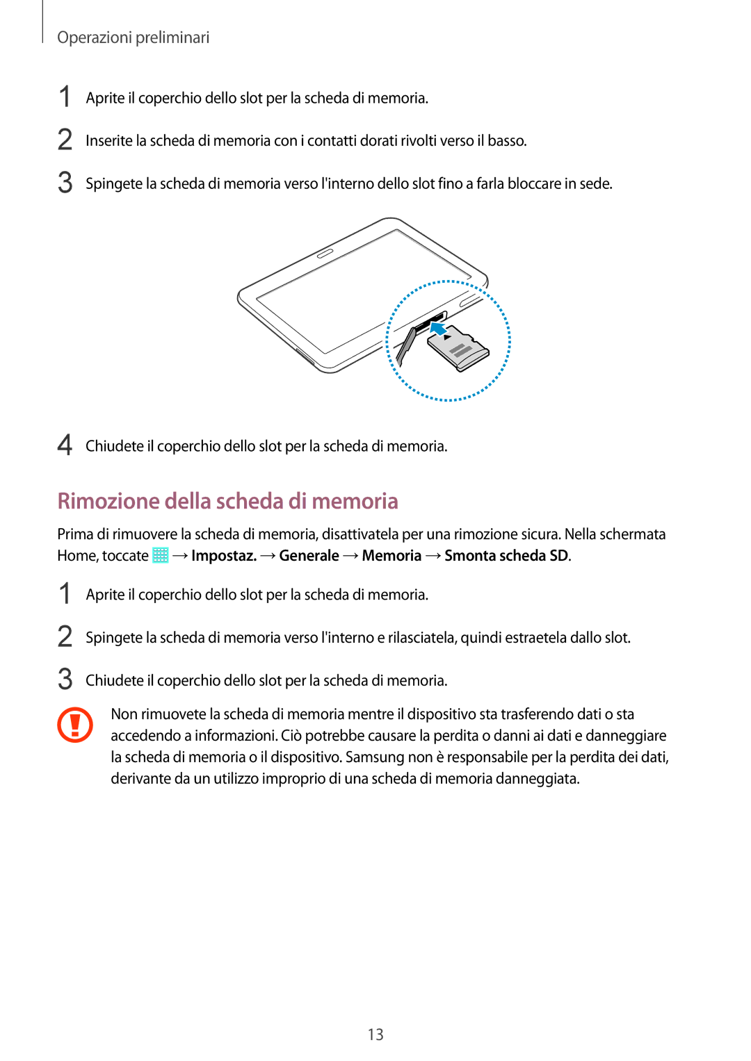 Samsung SM-T533NZWAITV, SM-T533NZWAAUT, SM-T533NYKAAUT, SM-T533NYKAITV manual Rimozione della scheda di memoria 