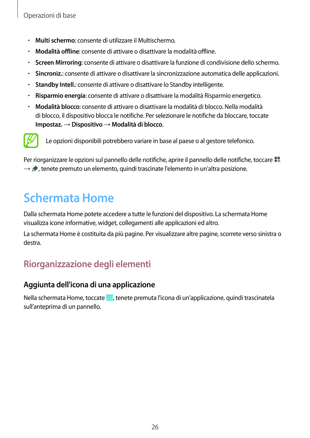 Samsung SM-T533NYKAAUT manual Schermata Home, Riorganizzazione degli elementi, Aggiunta dellicona di una applicazione 