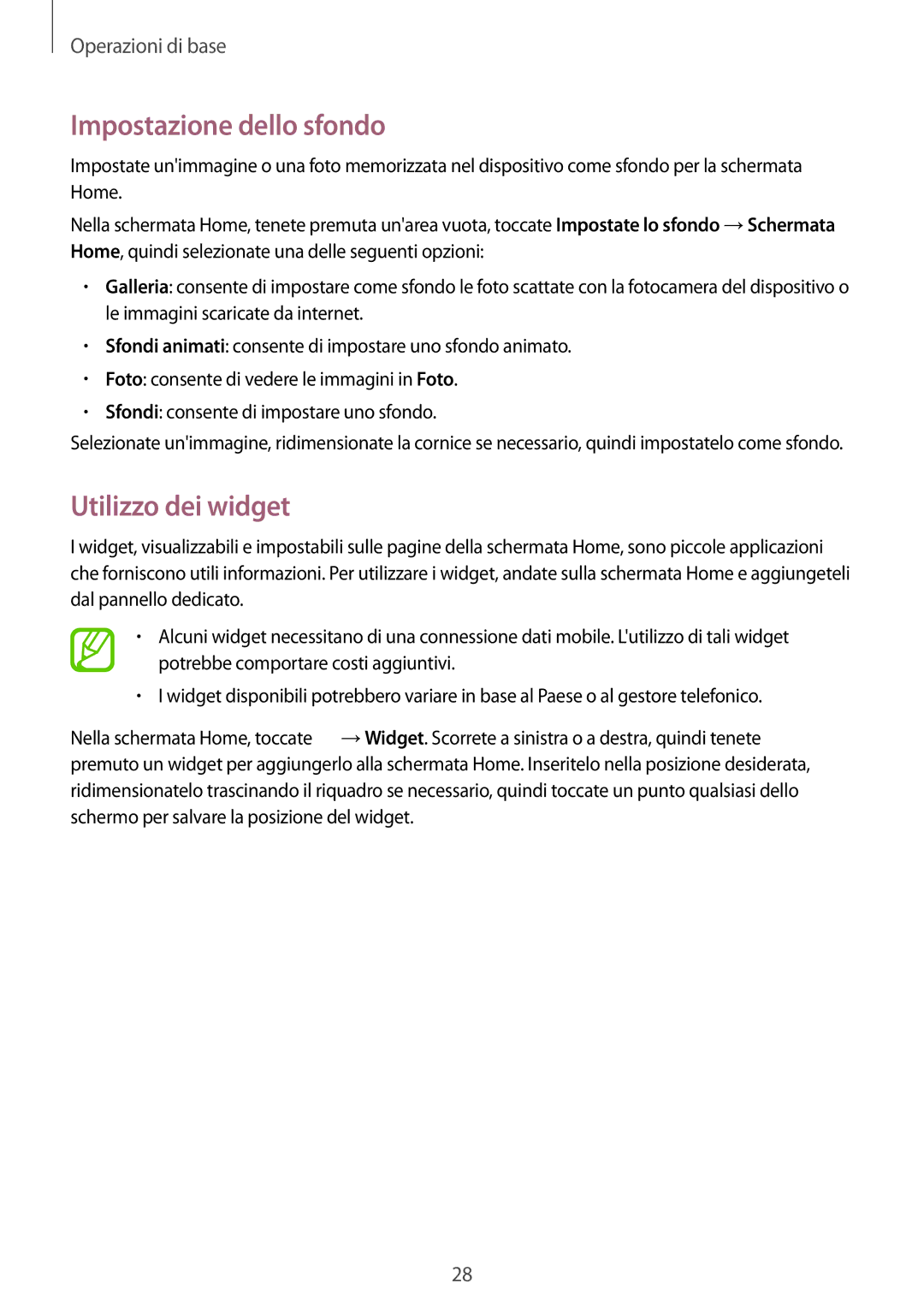 Samsung SM-T533NZWAAUT, SM-T533NZWAITV, SM-T533NYKAAUT, SM-T533NYKAITV manual Impostazione dello sfondo, Utilizzo dei widget 