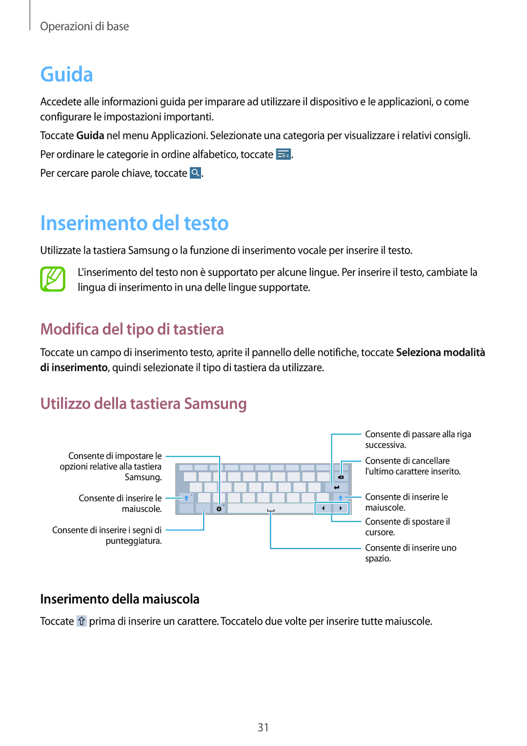 Samsung SM-T533NYKAITV manual Guida, Inserimento del testo, Modifica del tipo di tastiera, Inserimento della maiuscola 