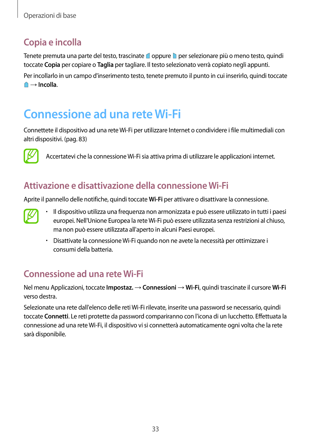 Samsung SM-T533NZWAITV, SM-T533NZWAAUT, SM-T533NYKAAUT, SM-T533NYKAITV manual Connessione ad una rete Wi-Fi, Copia e incolla 