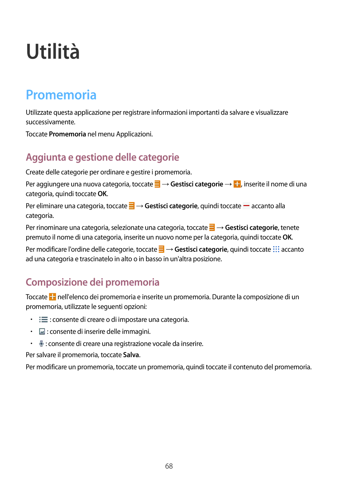 Samsung SM-T533NZWAAUT manual Utilità, Promemoria, Aggiunta e gestione delle categorie, Composizione dei promemoria 