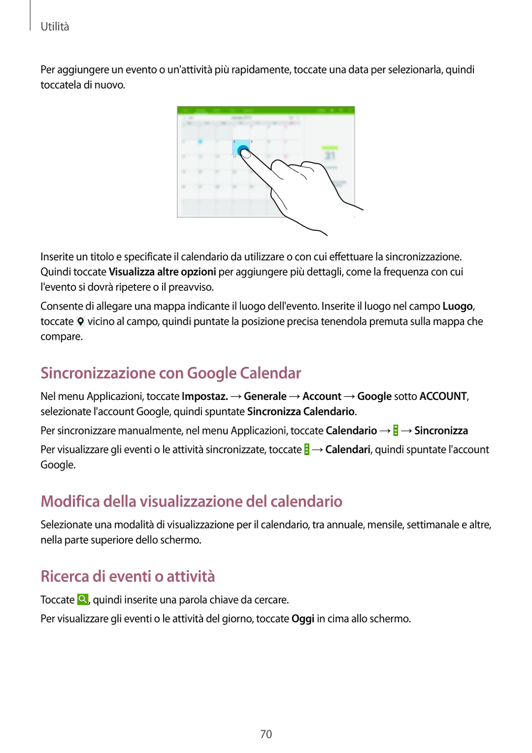 Samsung SM-T533NYKAAUT, SM-T533NZWAAUT Sincronizzazione con Google Calendar, Modifica della visualizzazione del calendario 