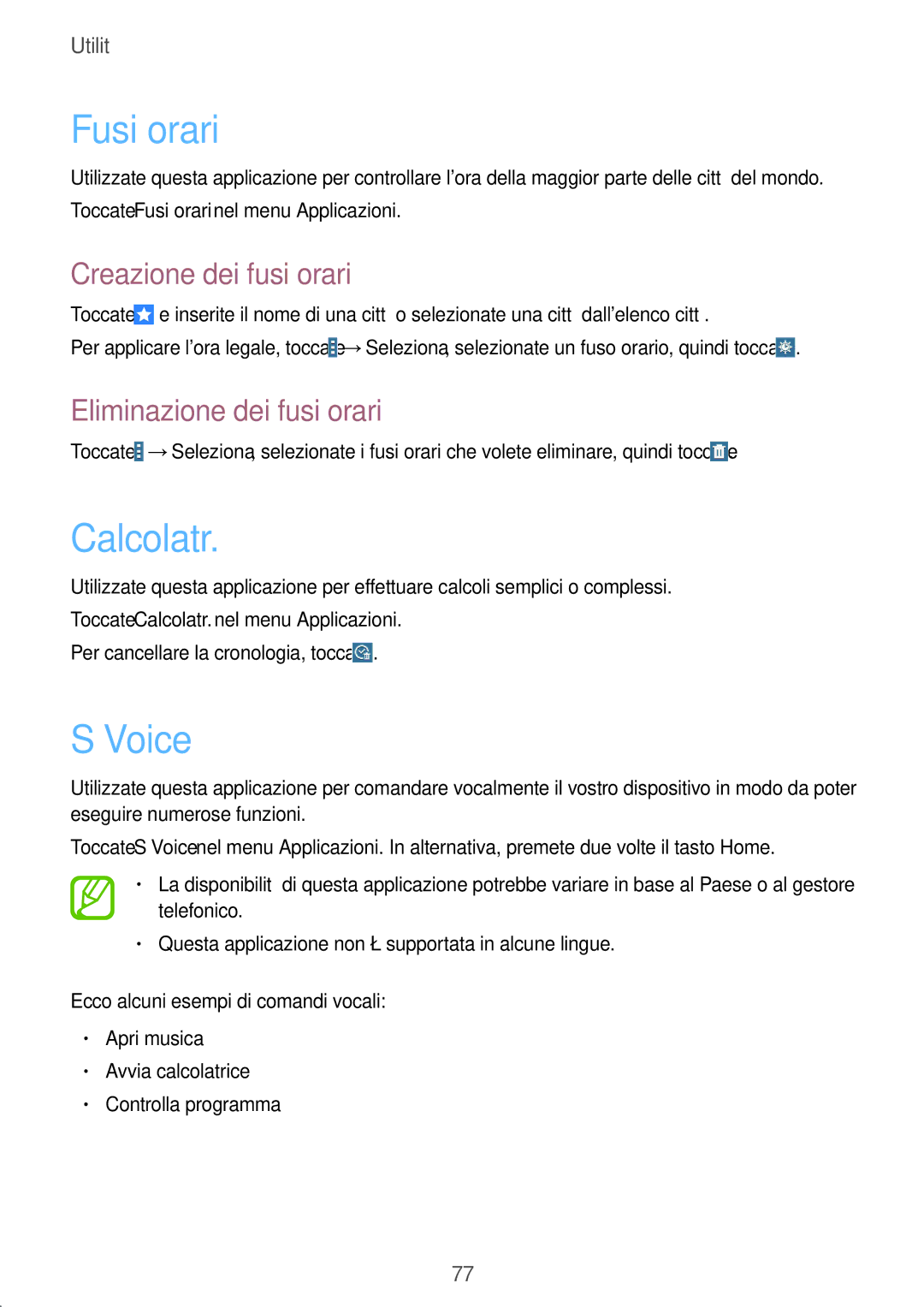 Samsung SM-T533NZWAITV, SM-T533NZWAAUT Fusi orari, Calcolatr, Voice, Creazione dei fusi orari, Eliminazione dei fusi orari 