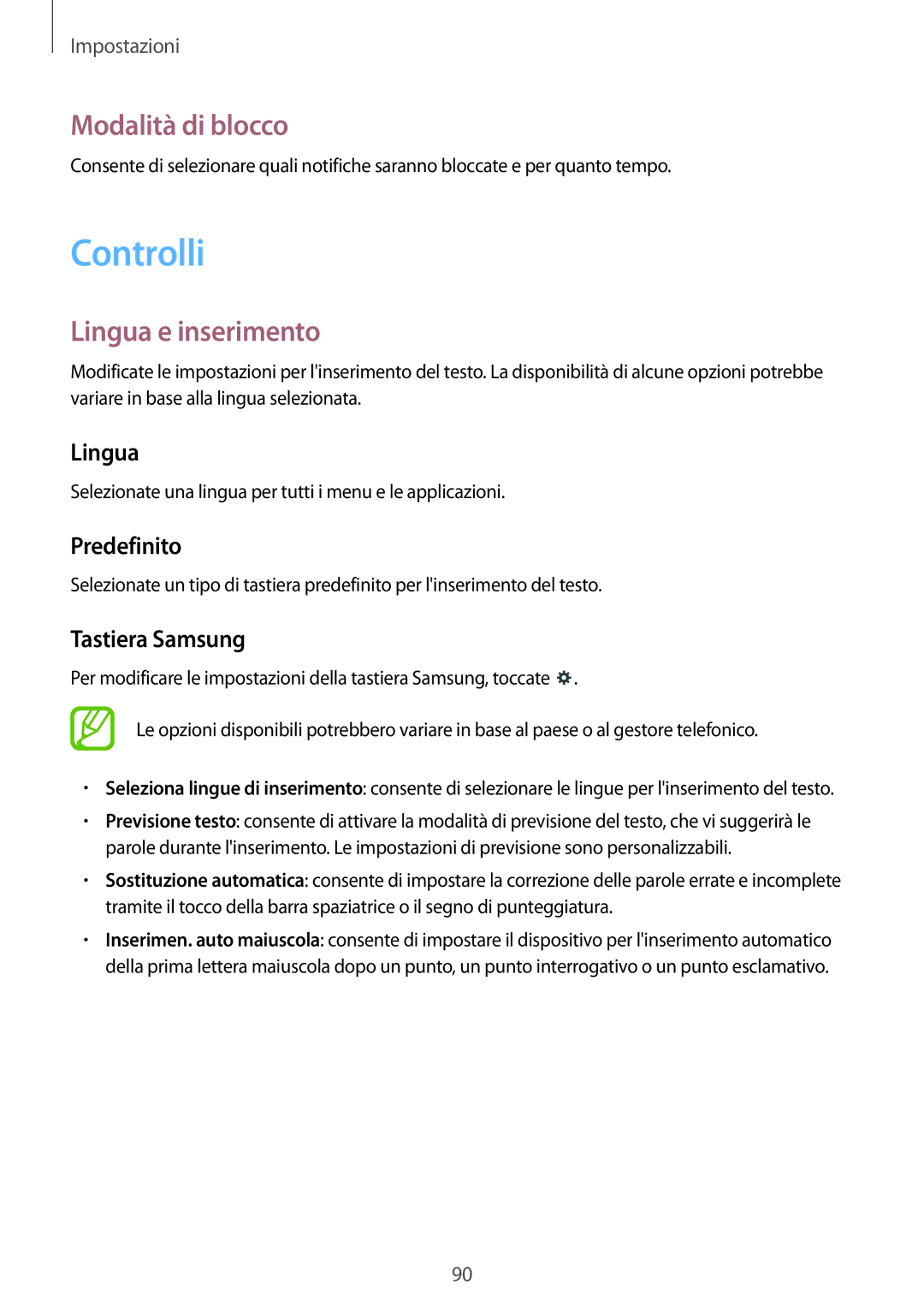 Samsung SM-T533NYKAAUT, SM-T533NZWAAUT, SM-T533NZWAITV, SM-T533NYKAITV Controlli, Modalità di blocco, Lingua e inserimento 