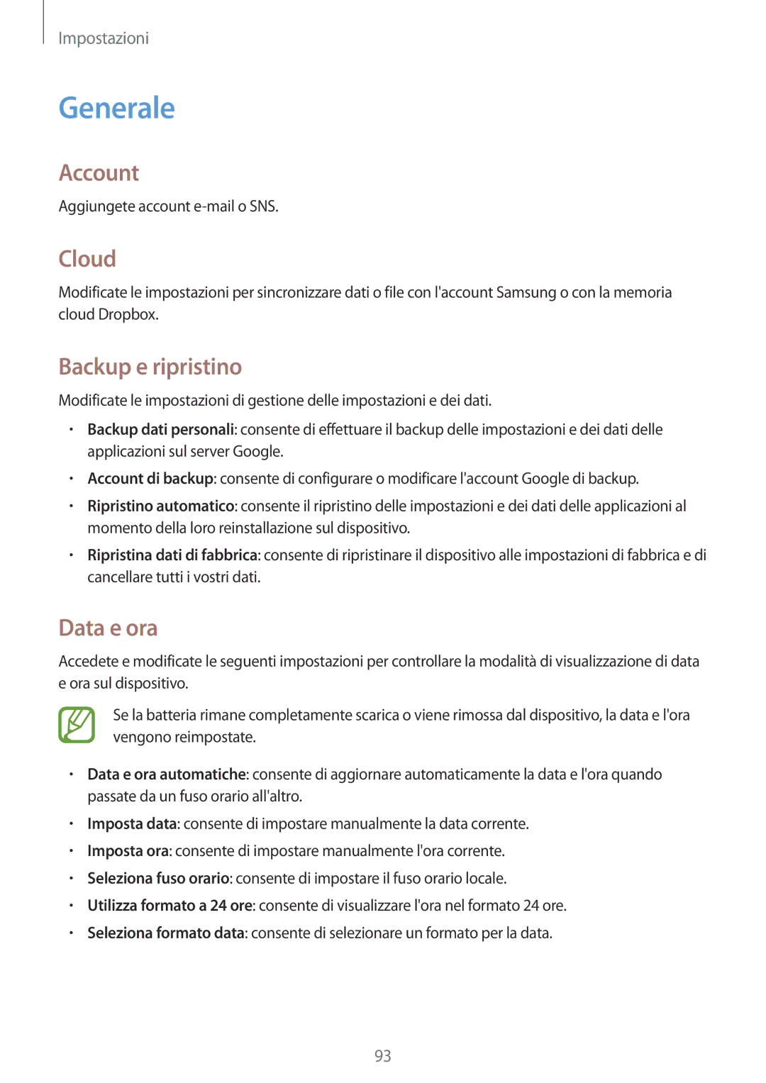 Samsung SM-T533NZWAITV, SM-T533NZWAAUT, SM-T533NYKAAUT manual Generale, Account, Cloud, Backup e ripristino, Data e ora 