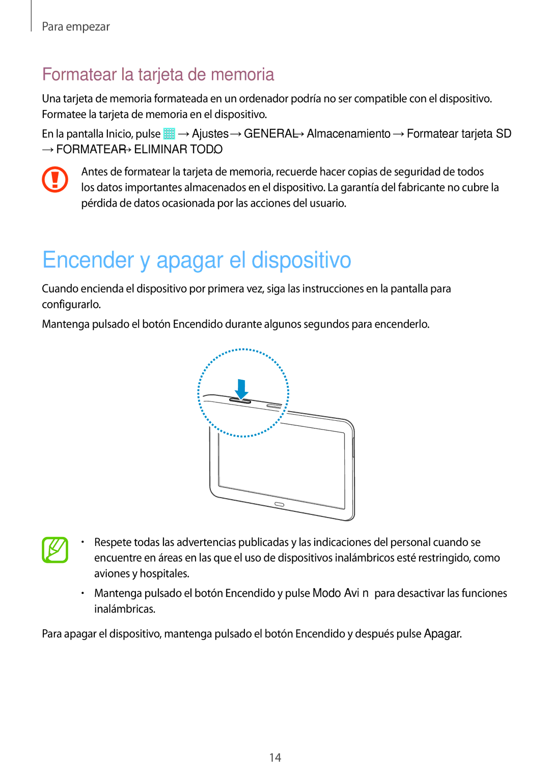 Samsung SM-T533NZWAXEH, SM-T533NZWAPHE, SM-T533NYKAPHE Encender y apagar el dispositivo, Formatear la tarjeta de memoria 