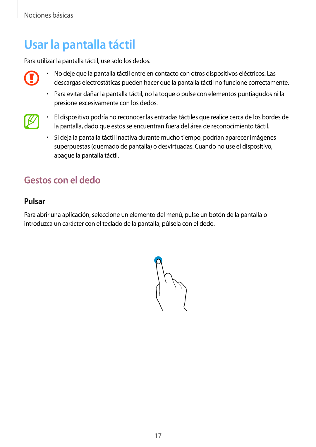 Samsung SM-T533NZWAXEH, SM-T533NZWAPHE, SM-T533NYKAPHE manual Usar la pantalla táctil, Gestos con el dedo, Pulsar 