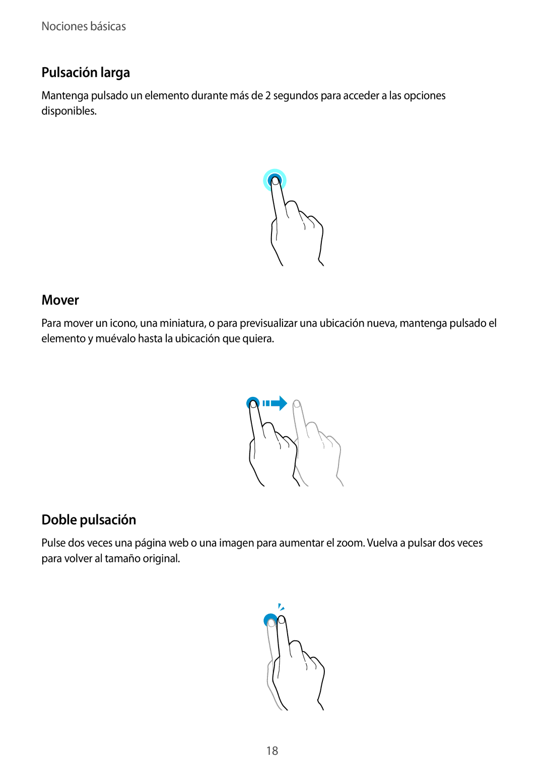 Samsung SM-T533NZWAPHE, SM-T533NYKAPHE, SM-T533NZWAXEH manual Pulsación larga, Mover, Doble pulsación 