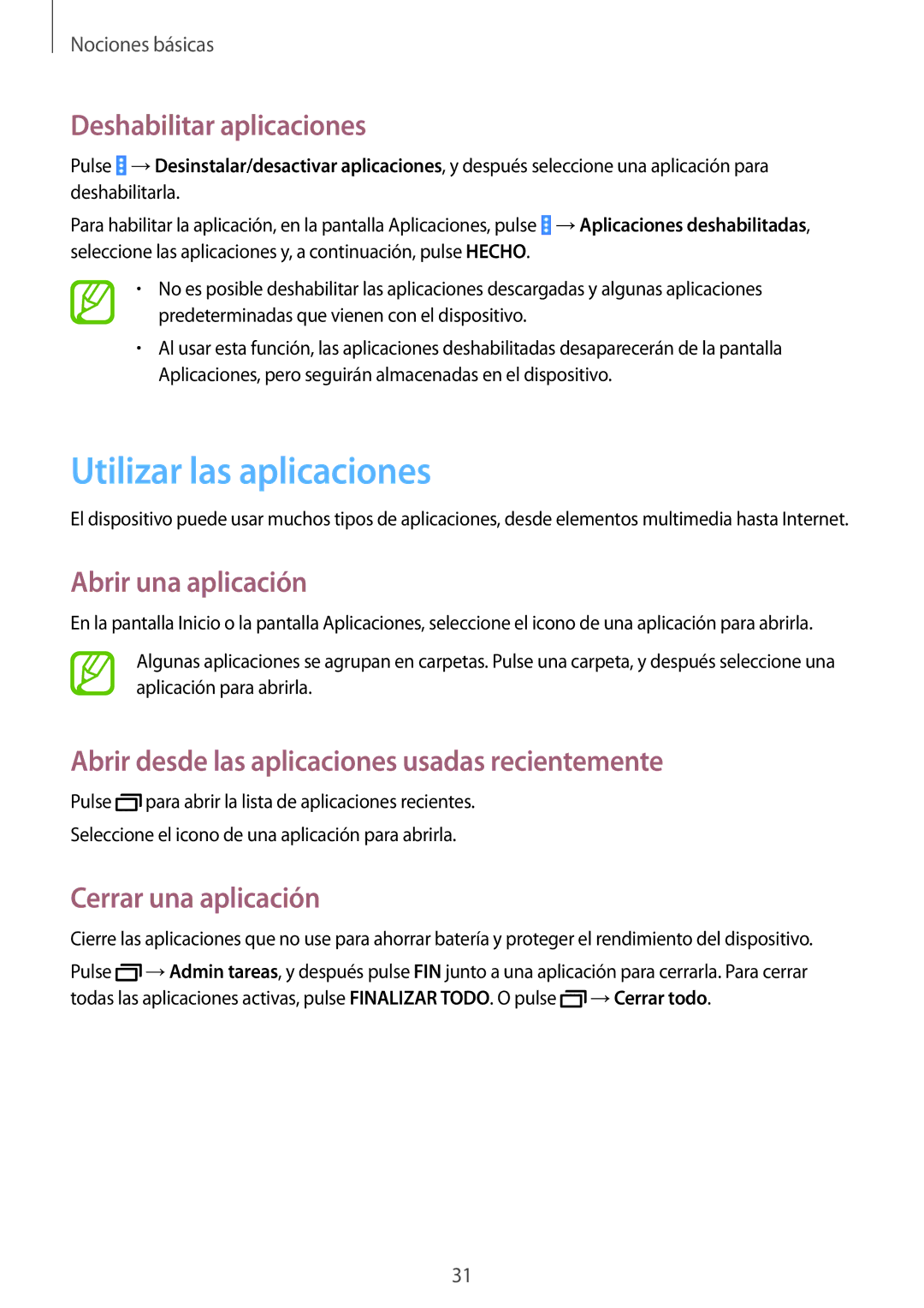 Samsung SM-T533NYKAPHE Utilizar las aplicaciones, Deshabilitar aplicaciones, Abrir una aplicación, Cerrar una aplicación 