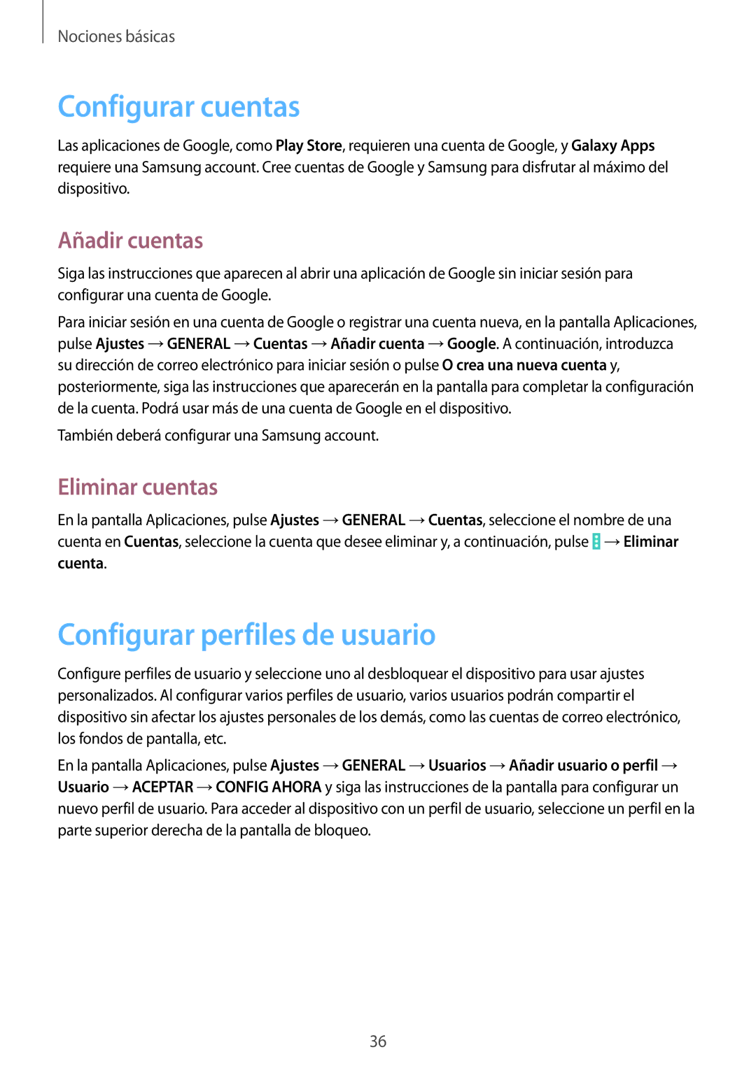 Samsung SM-T533NZWAPHE manual Configurar cuentas, Configurar perfiles de usuario, Añadir cuentas, Eliminar cuentas 