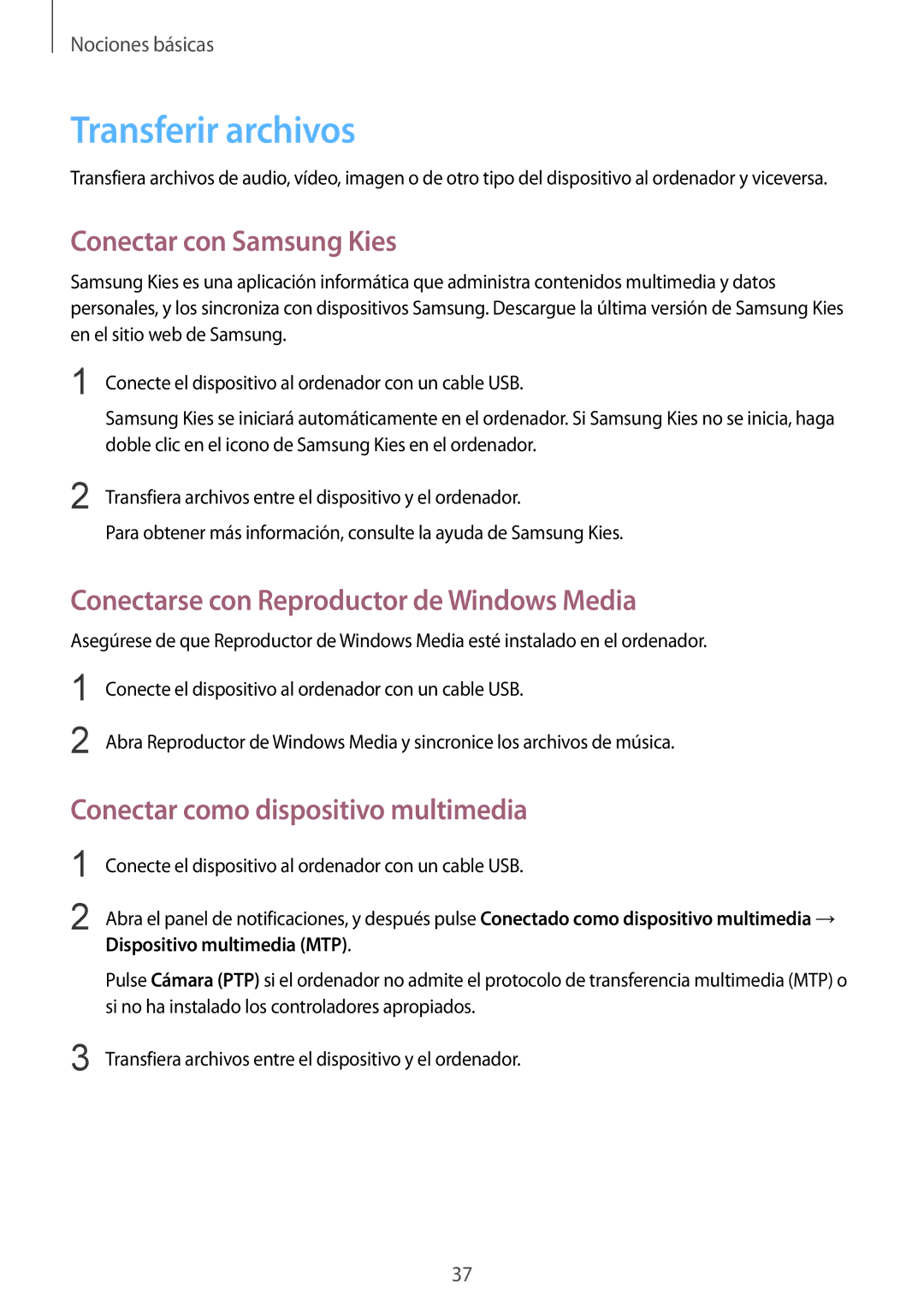 Samsung SM-T533NYKAPHE manual Transferir archivos, Conectar con Samsung Kies, Conectarse con Reproductor de Windows Media 