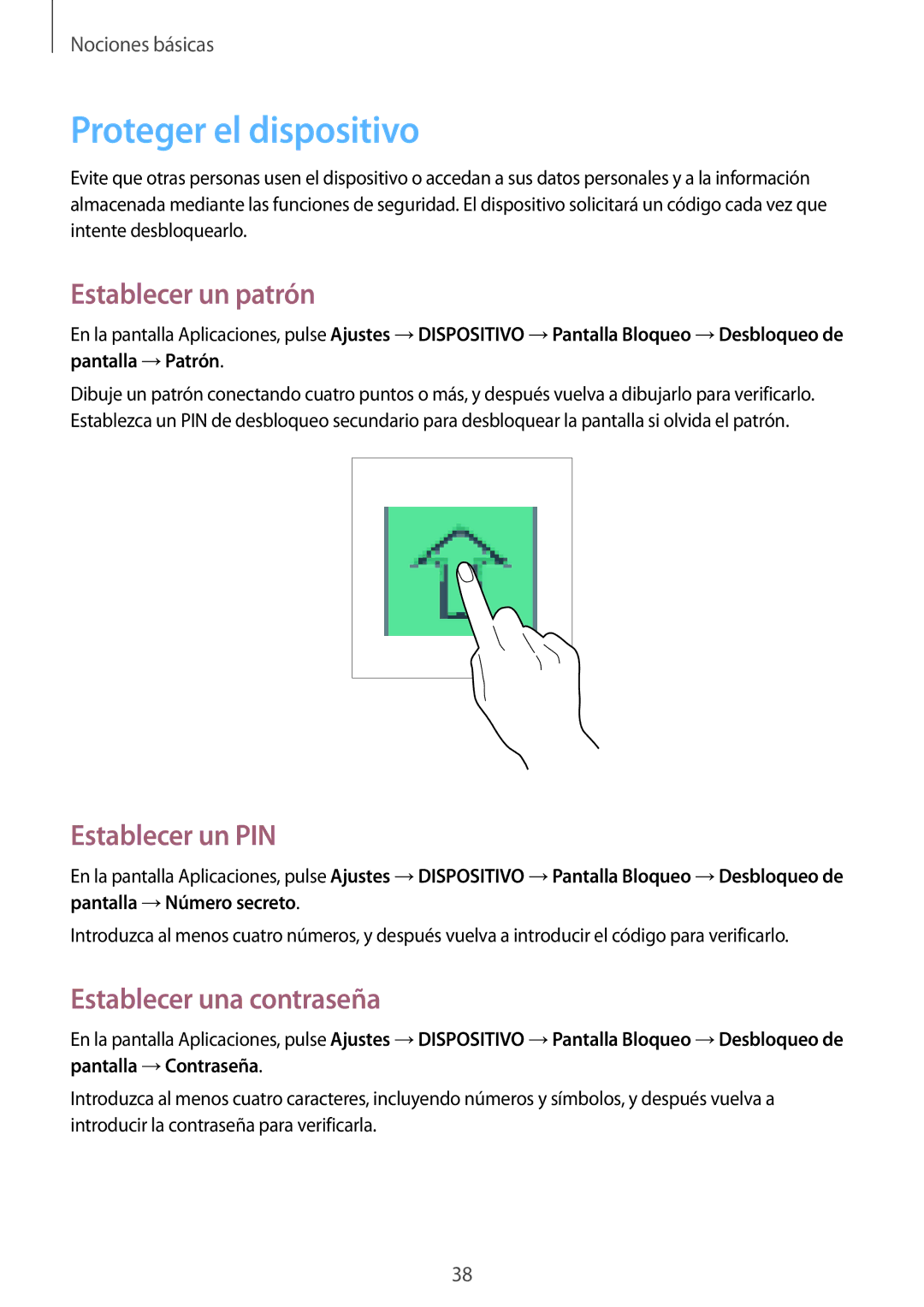 Samsung SM-T533NZWAXEH manual Proteger el dispositivo, Establecer un patrón, Establecer un PIN, Establecer una contraseña 