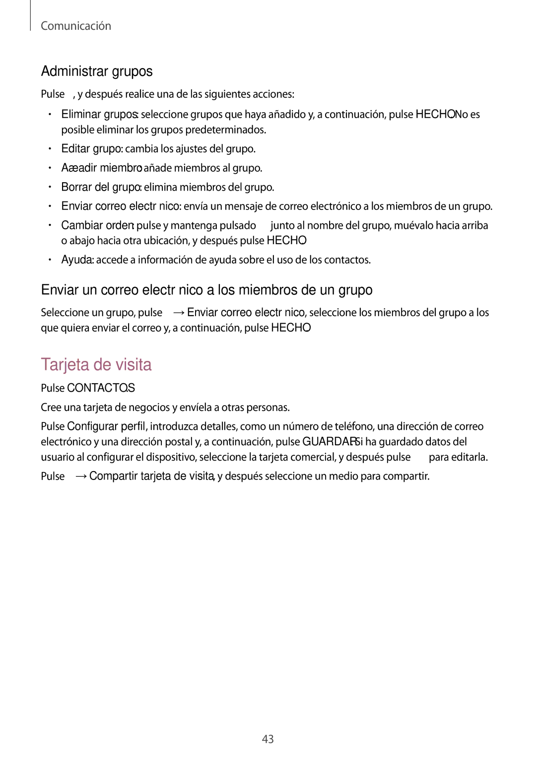 Samsung SM-T533NYKAPHE Tarjeta de visita, Administrar grupos, Enviar un correo electrónico a los miembros de un grupo 