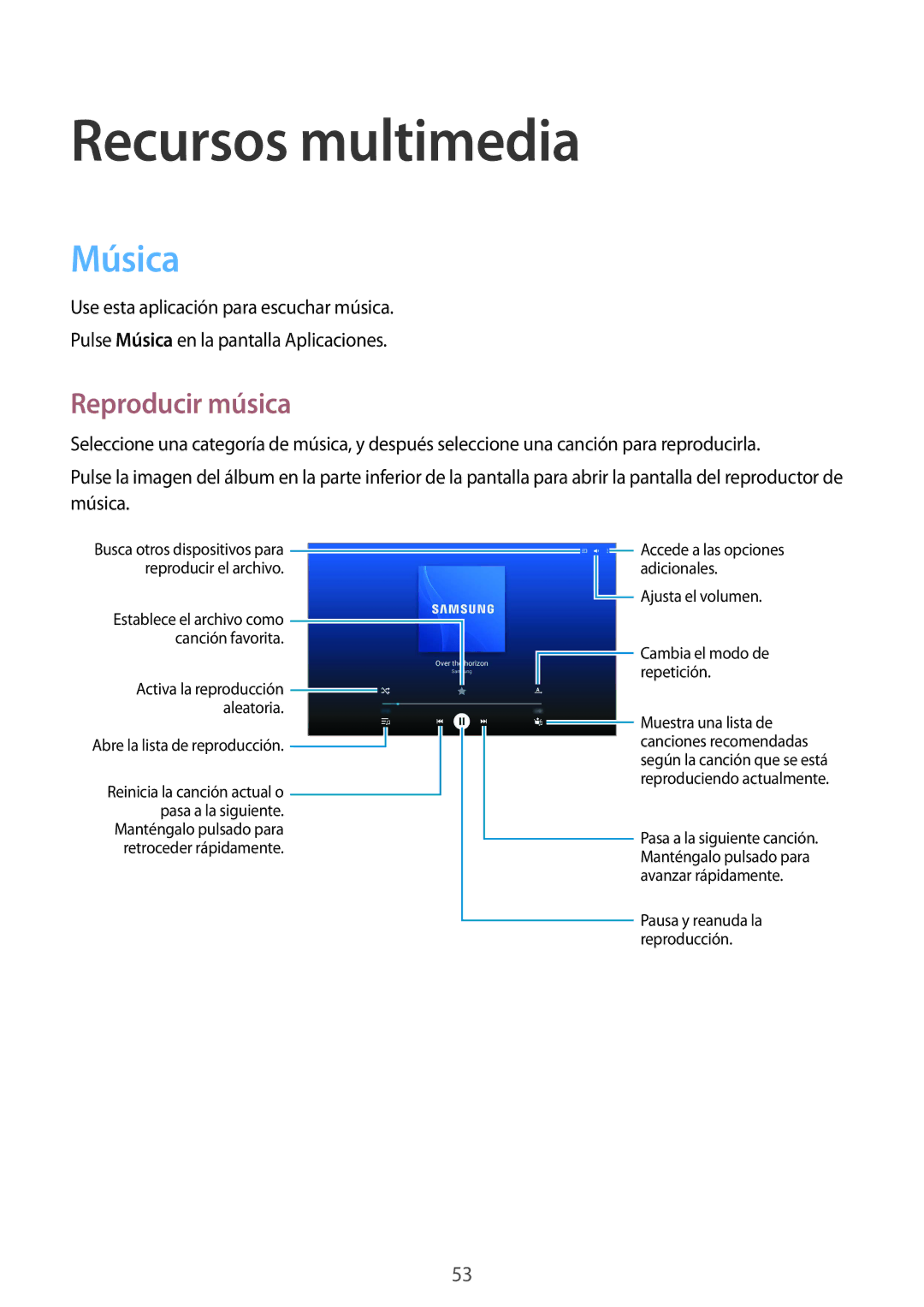 Samsung SM-T533NZWAXEH, SM-T533NZWAPHE, SM-T533NYKAPHE manual Recursos multimedia, Música, Reproducir música 