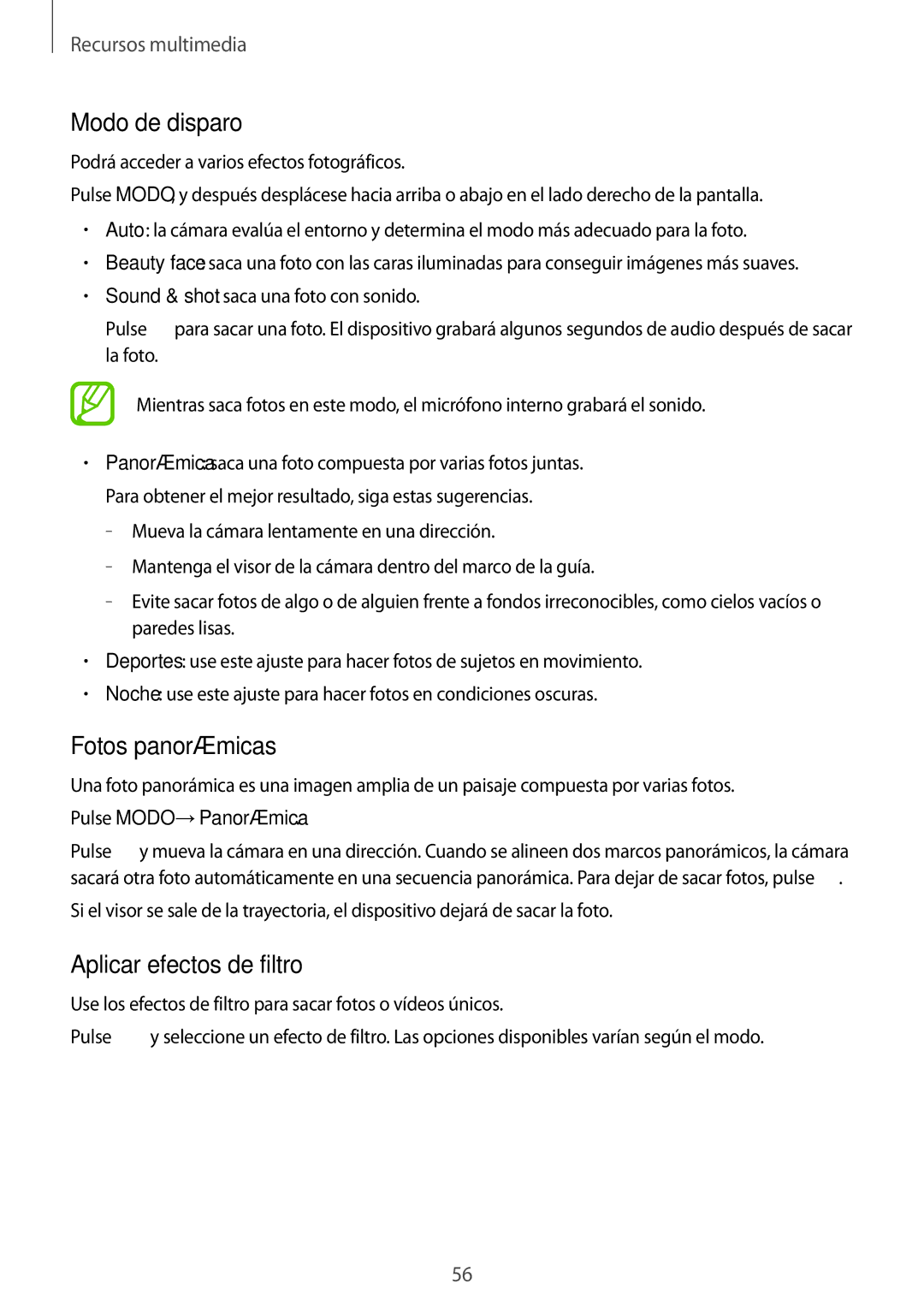 Samsung SM-T533NZWAXEH, SM-T533NZWAPHE, SM-T533NYKAPHE manual Modo de disparo, Fotos panorámicas, Aplicar efectos de filtro 