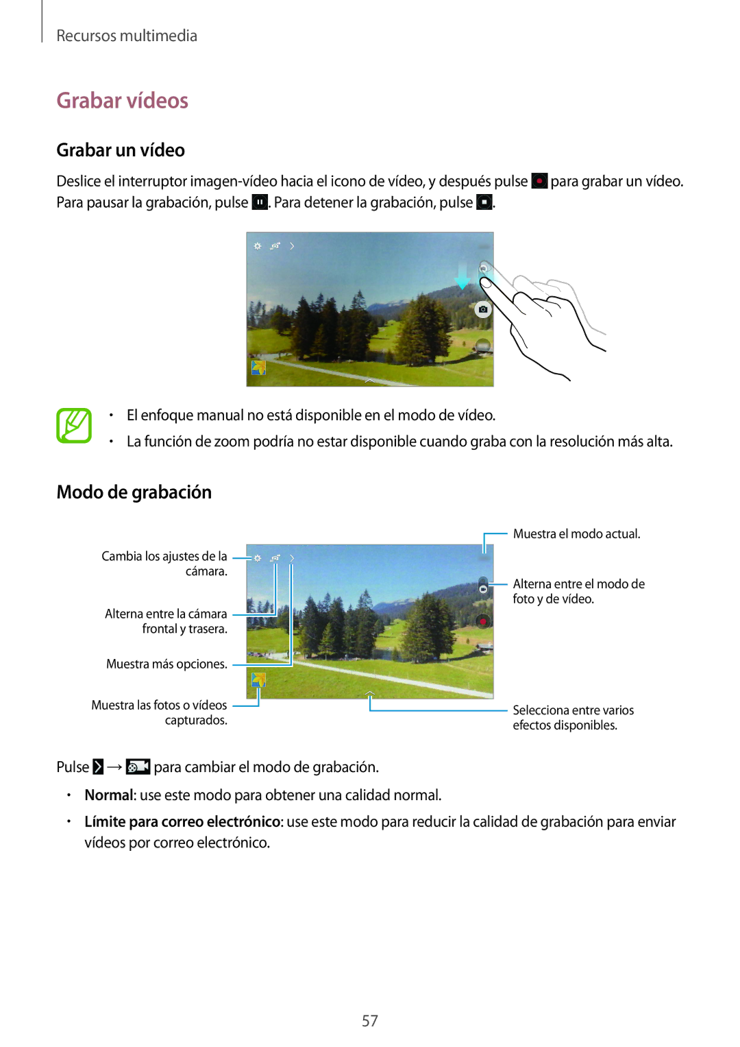 Samsung SM-T533NZWAPHE, SM-T533NYKAPHE, SM-T533NZWAXEH manual Grabar vídeos, Grabar un vídeo, Modo de grabación 