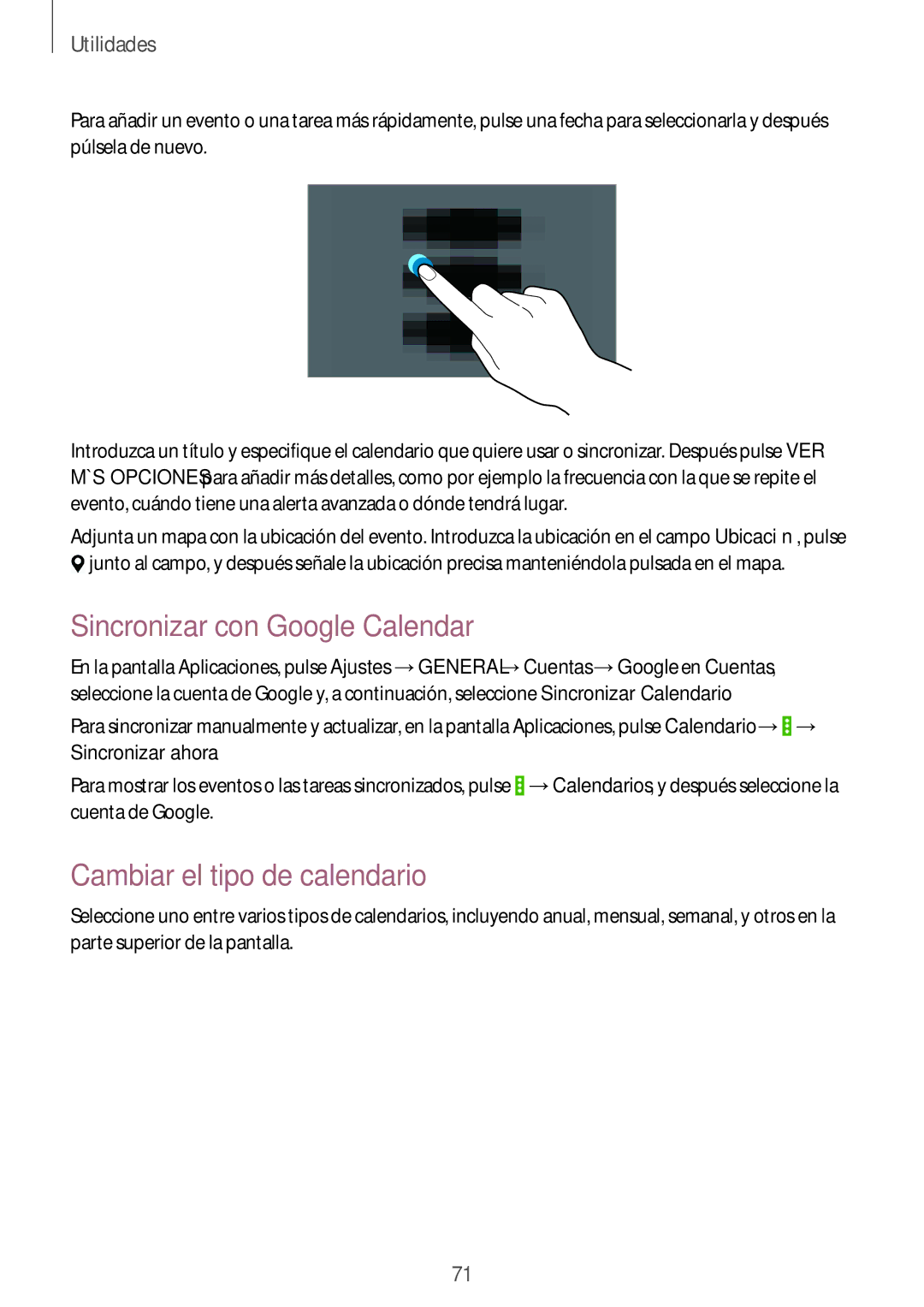 Samsung SM-T533NZWAXEH, SM-T533NZWAPHE, SM-T533NYKAPHE manual Sincronizar con Google Calendar, Cambiar el tipo de calendario 