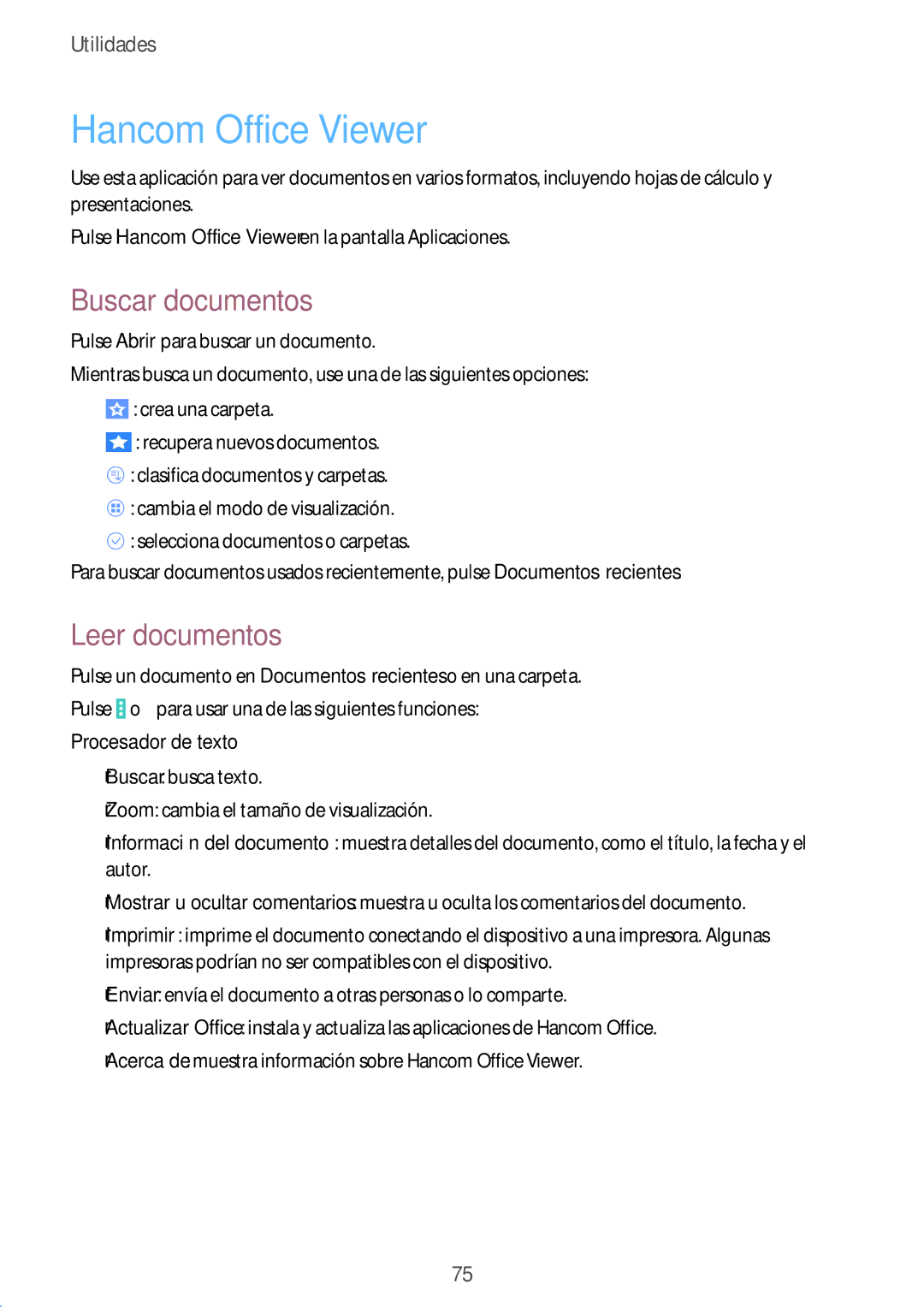 Samsung SM-T533NZWAPHE, SM-T533NYKAPHE, SM-T533NZWAXEH manual Hancom Office Viewer, Buscar documentos, Leer documentos 