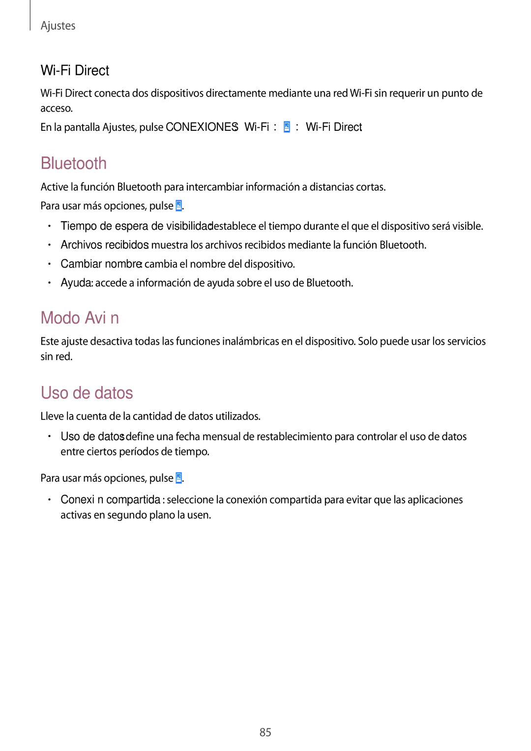 Samsung SM-T533NYKAPHE, SM-T533NZWAPHE, SM-T533NZWAXEH manual Bluetooth, Modo Avión, Uso de datos, Wi-Fi Direct 