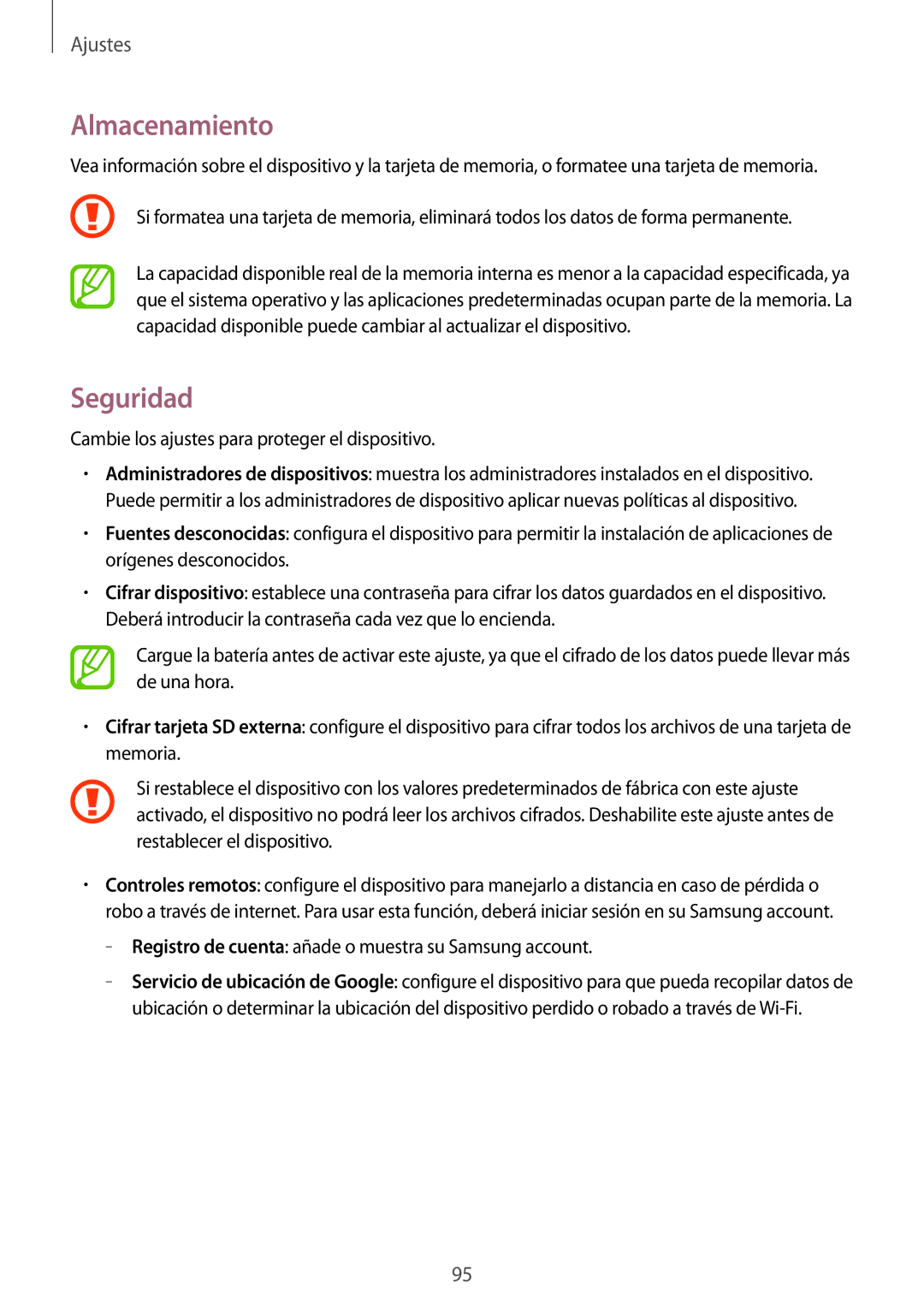 Samsung SM-T533NZWAXEH, SM-T533NZWAPHE, SM-T533NYKAPHE manual Almacenamiento, Seguridad 