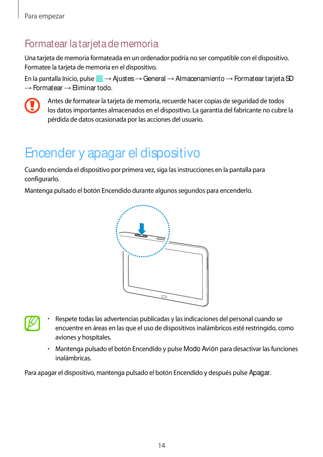 Samsung SM-T533NZWAXEH, SM-T533NZWAPHE, SM-T533NYKAPHE Encender y apagar el dispositivo, Formatear la tarjeta de memoria 