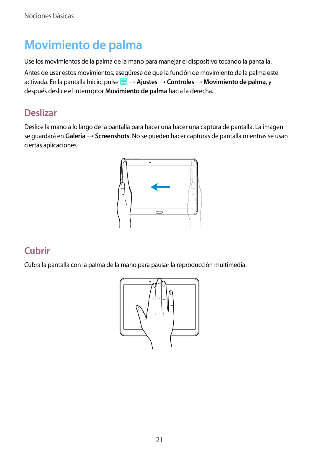 Samsung SM-T533NZWAPHE, SM-T533NYKAPHE, SM-T533NZWAXEH manual Movimiento de palma, Deslizar, Cubrir 