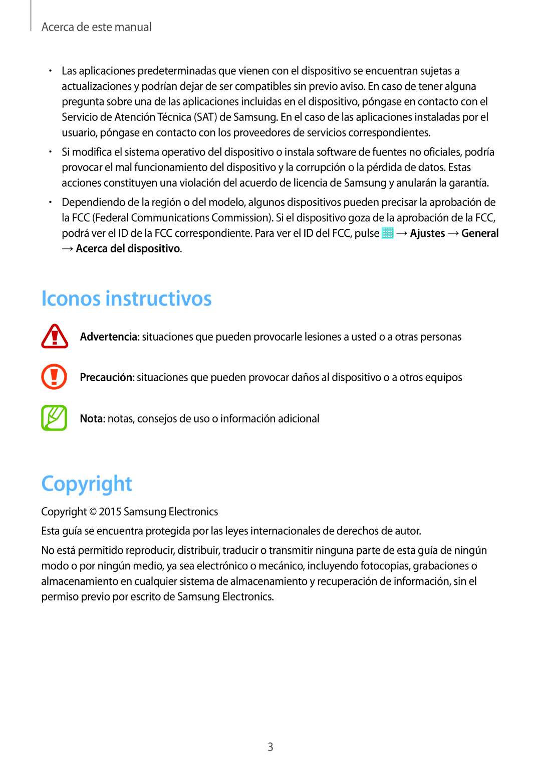 Samsung SM-T533NZWAPHE, SM-T533NYKAPHE, SM-T533NZWAXEH manual Iconos instructivos, Copyright, →Acerca del dispositivo 