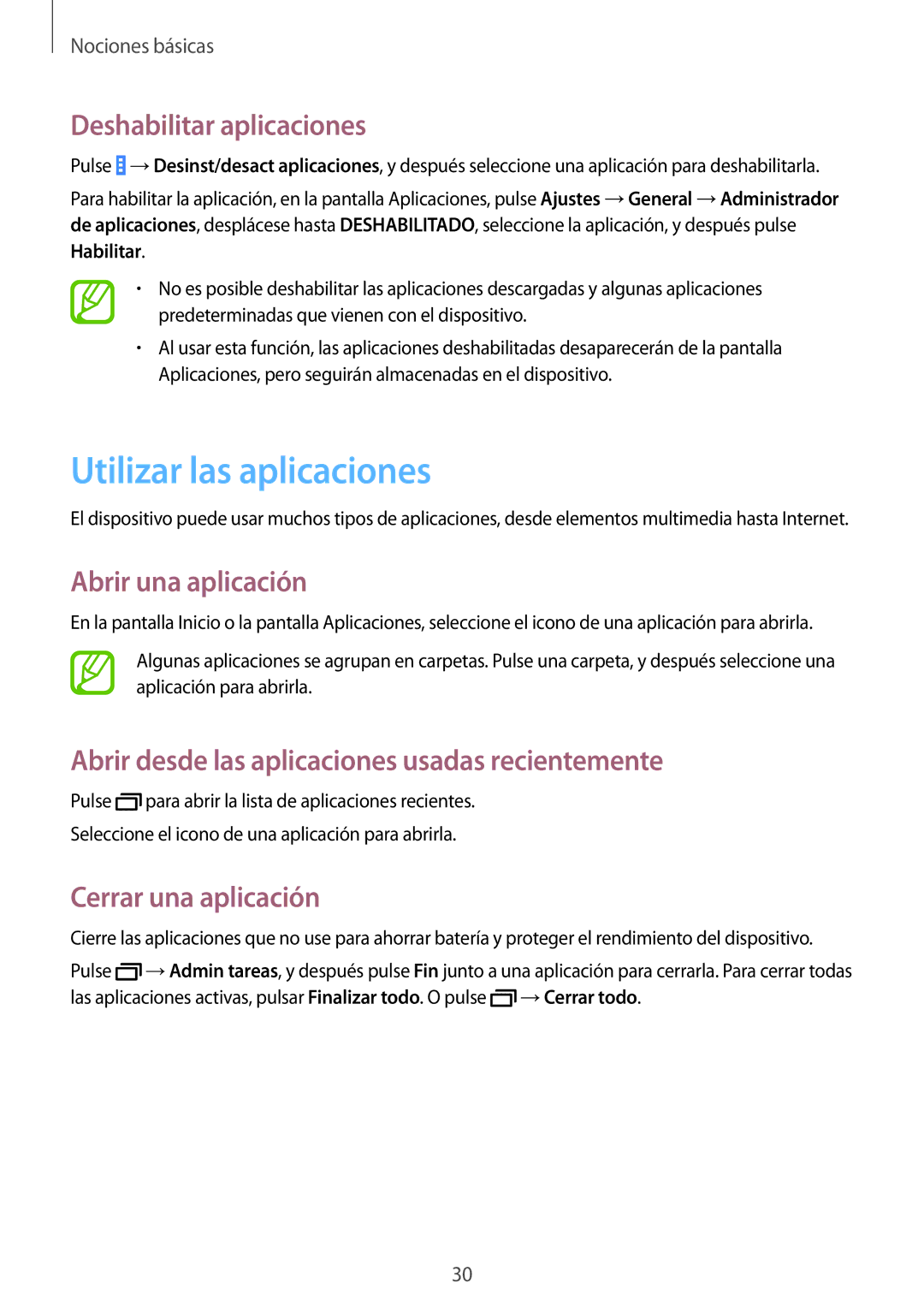 Samsung SM-T533NZWAPHE Utilizar las aplicaciones, Deshabilitar aplicaciones, Abrir una aplicación, Cerrar una aplicación 